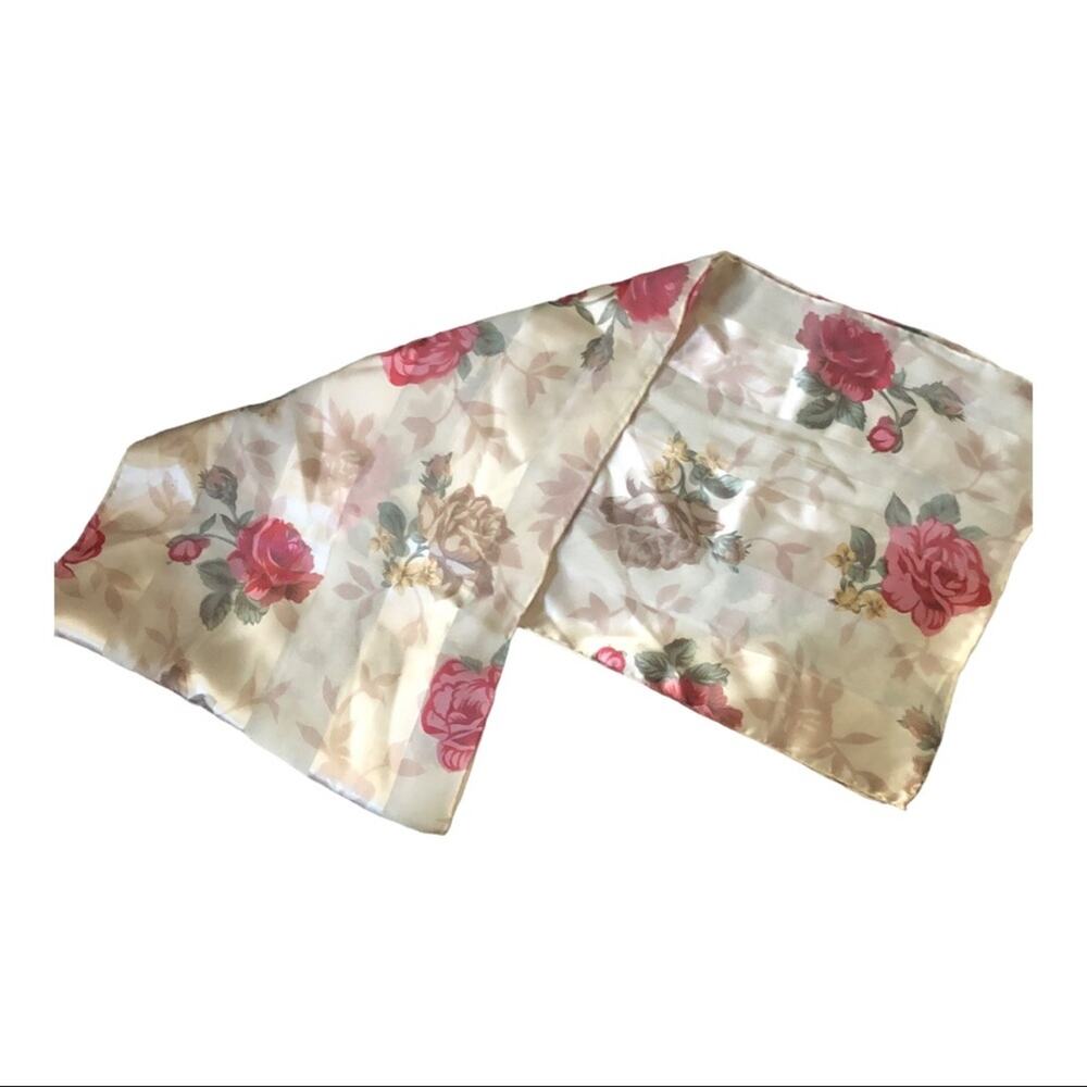 Vintage Ladies Scarf Floral Roses Rolled Edges Satin Feel Rectangle 51" Long